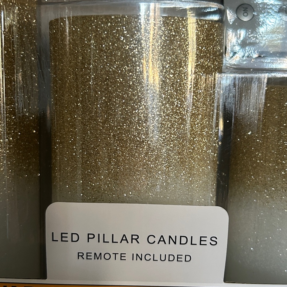 LED Sparkling Gold Pillar Candles with Remote Set of 3 New In Box NWT - Picture 4 of 8